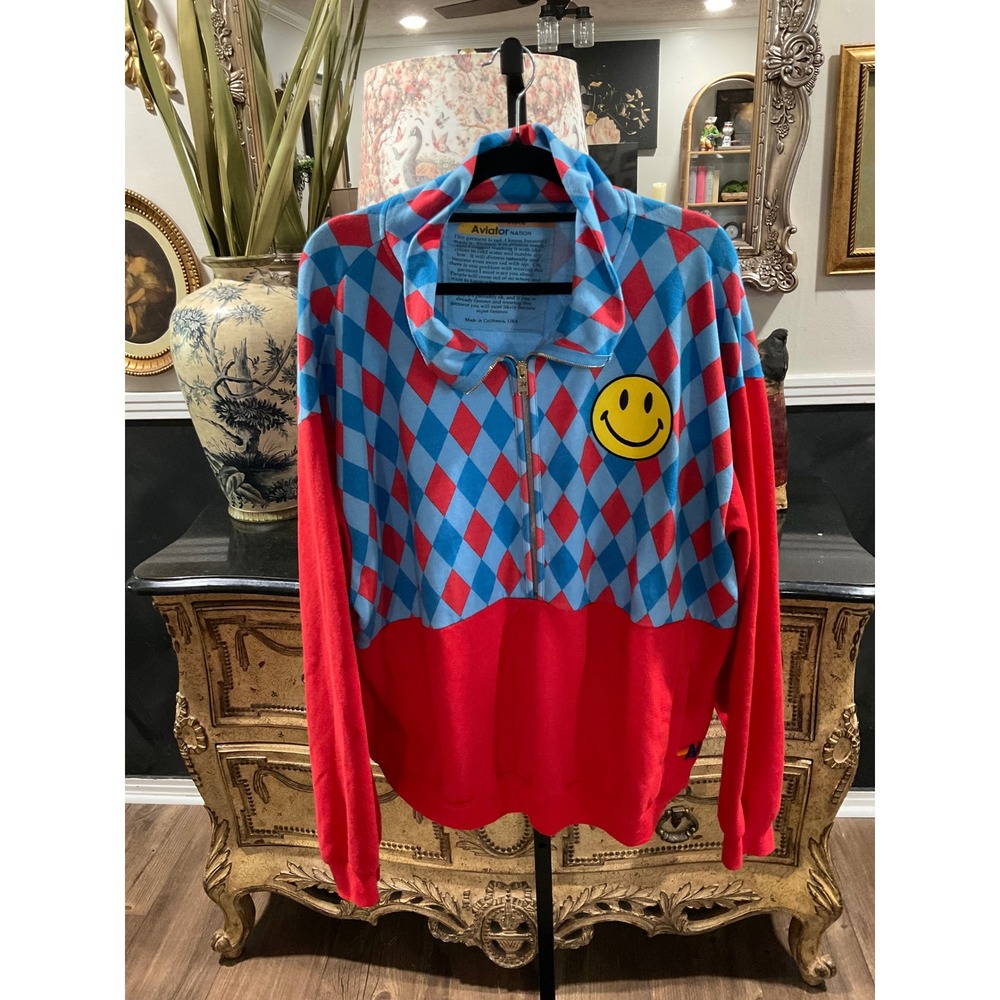 Aviator Nation Harlequin Smiley Face Quarter Zip Sweatshirt Red Blue XXL
